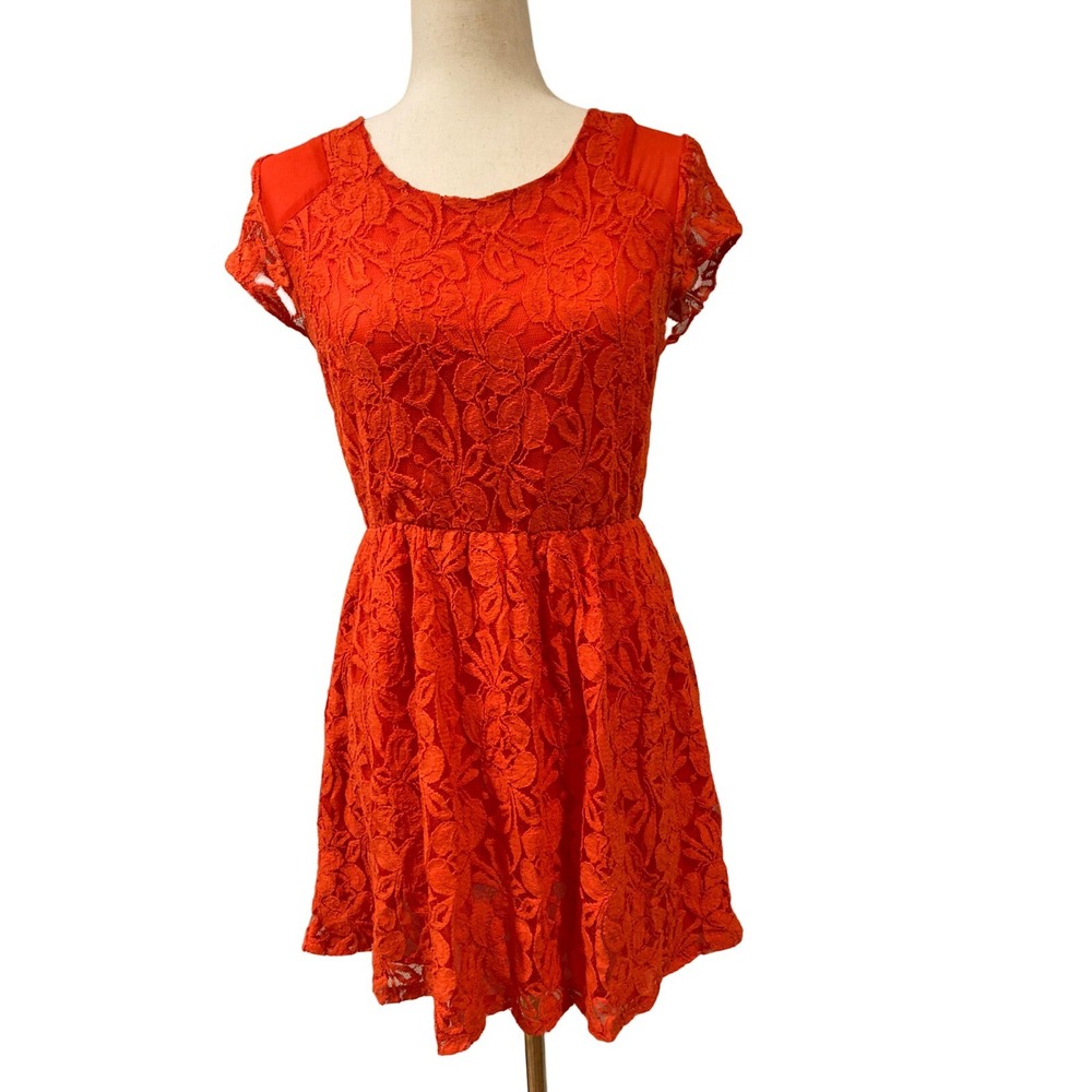 Womens Medium Lace Dress Orange Reddish Coincidence Chance Party Short Sleeve